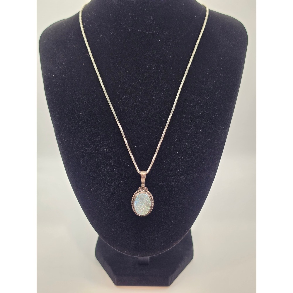 Sajen Sterling Silver 925 Iridescent Druzy Oval Pendant Popcorn Chain Necklace